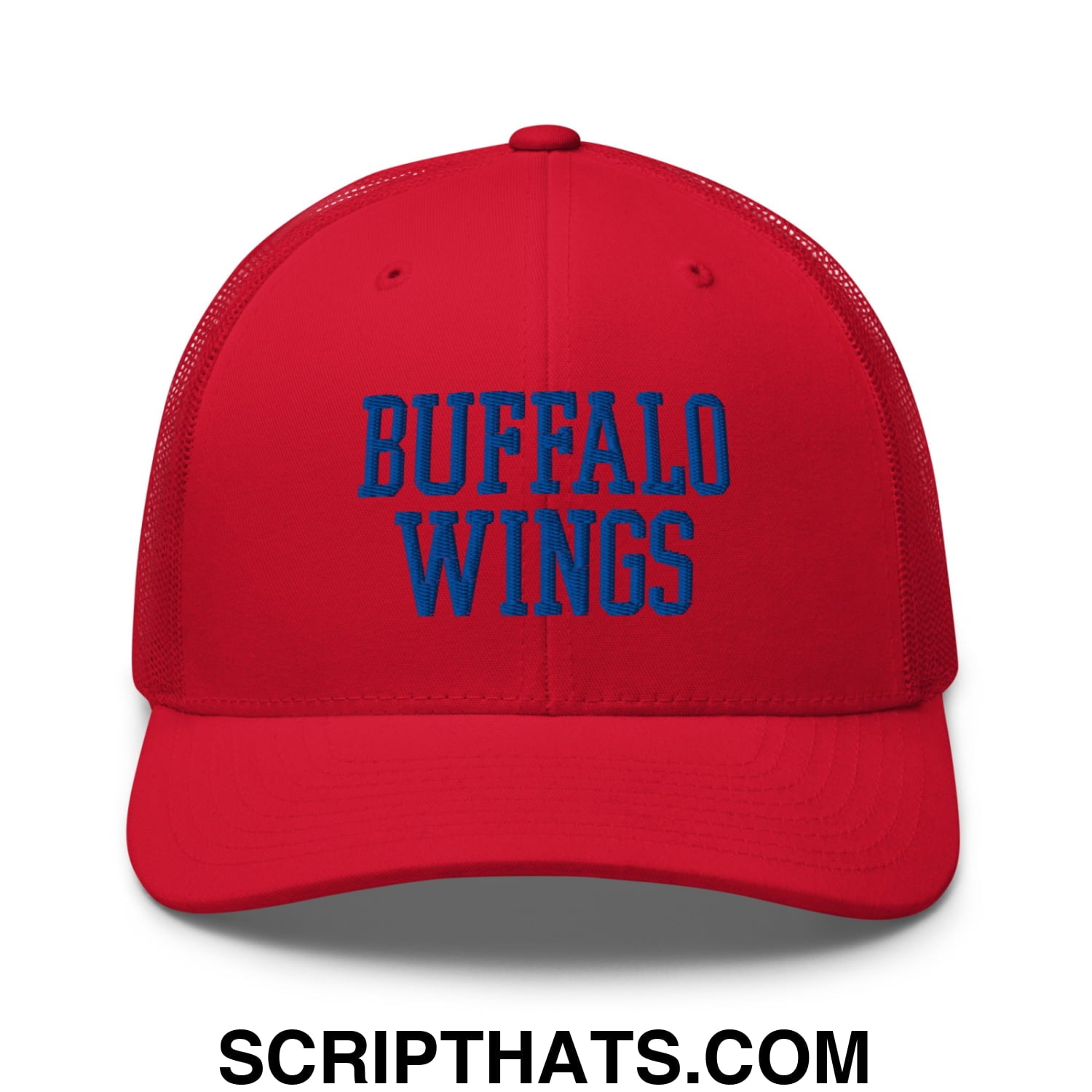 Red mesh trucker hat with blue embroidered buffalo wings text front design for chicken wings fans