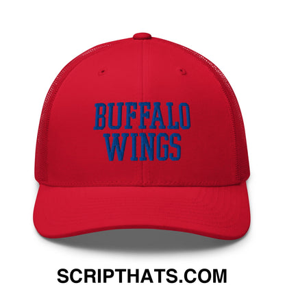 Red mesh trucker hat with blue embroidered buffalo wings text front design for chicken wings fans