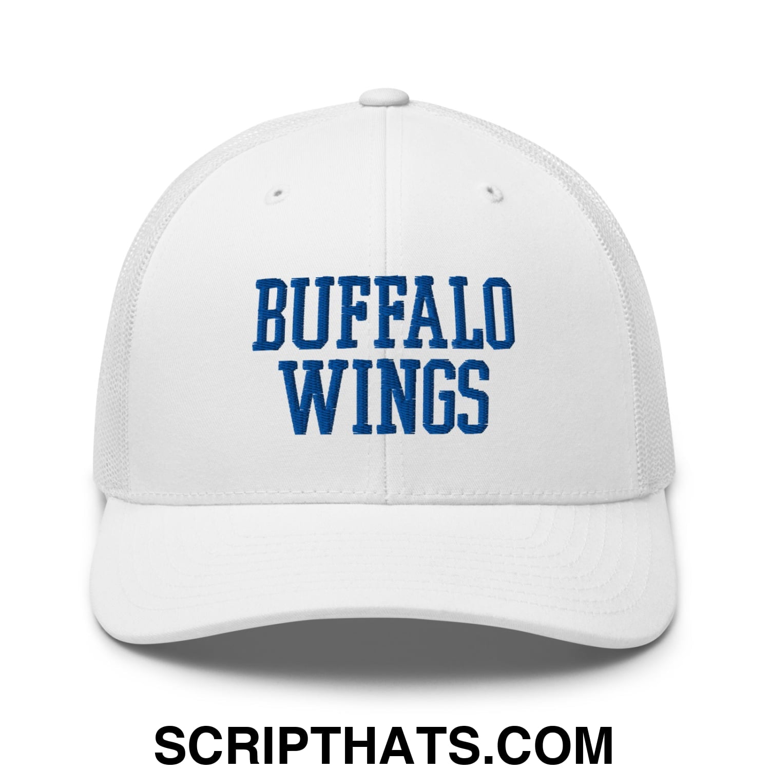 White mesh trucker hat with blue embroidered buffalo wings text perfect for casual wear and fans of chicken wings