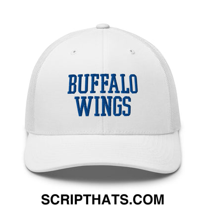 White mesh trucker hat with blue embroidered buffalo wings text perfect for casual wear and fans of chicken wings