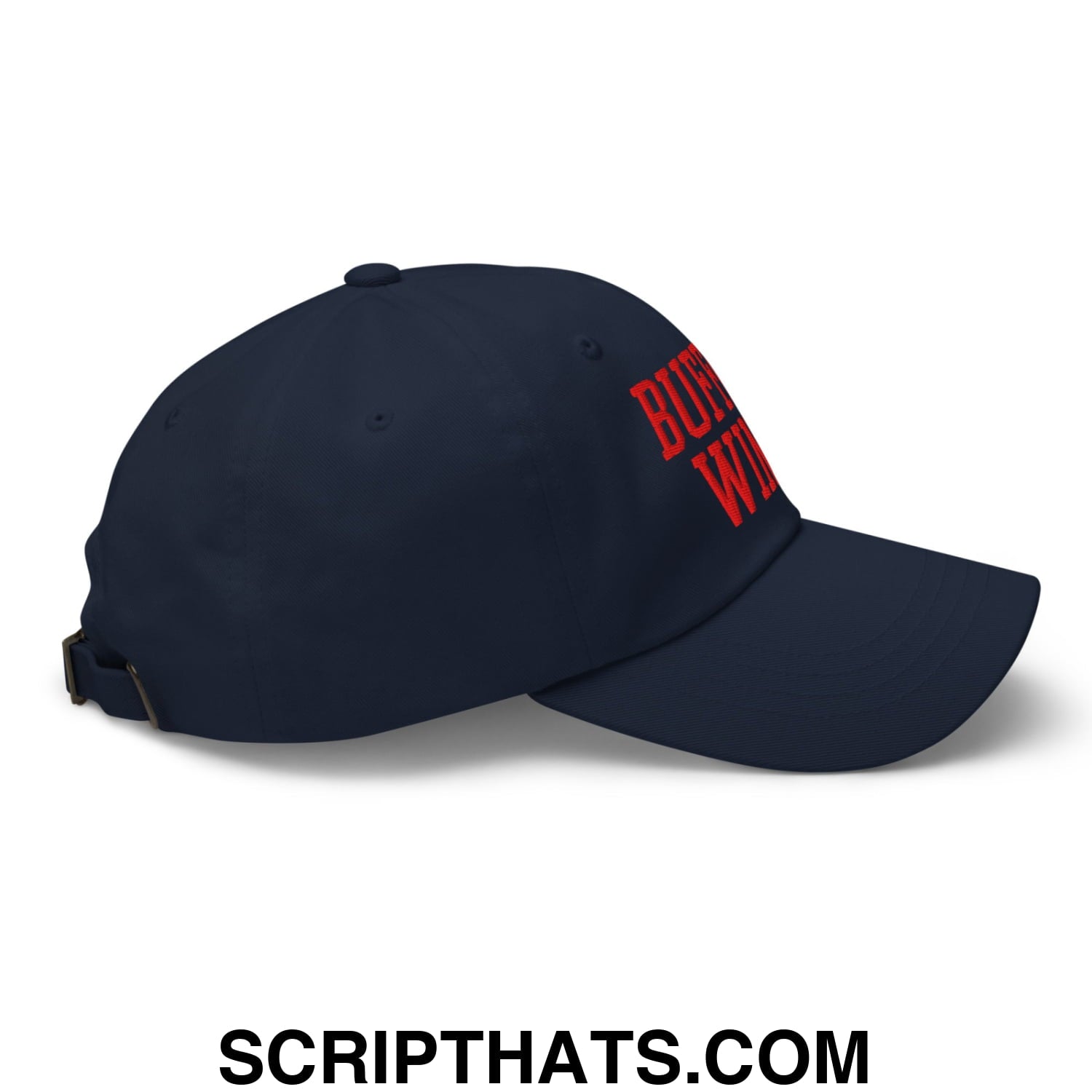 Navy blue unstructured dad hat with red buffalo wings chicken wings embroidered text on the side