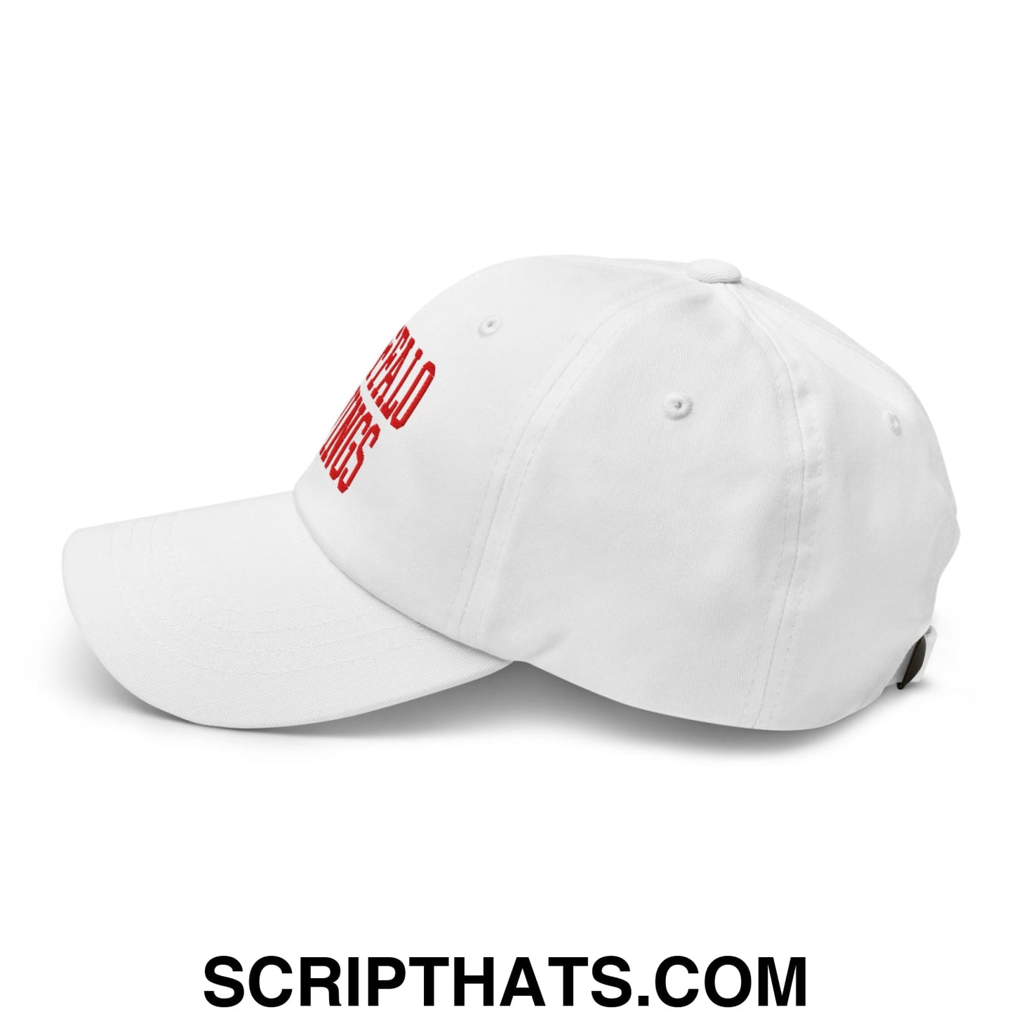 White unstructured dad hat with red embroidered bald eagles text on the side from buffalo wings chicken wings