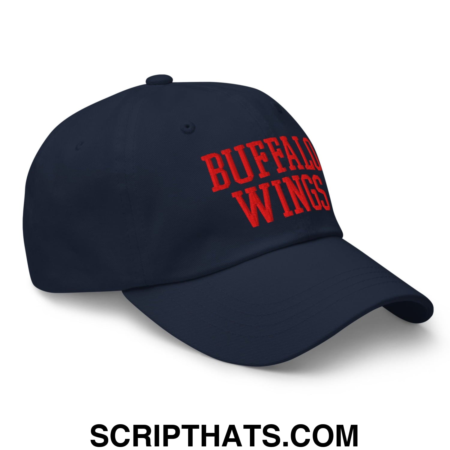 Navy blue unstructured dad hat with bold red embroidered buffalo wings text perfect for casual wear