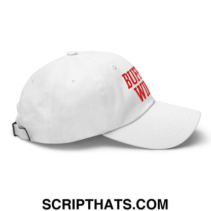 White unstructured dad hat with red embroidered bucs wins text for Buffalo Wings chicken wings fans