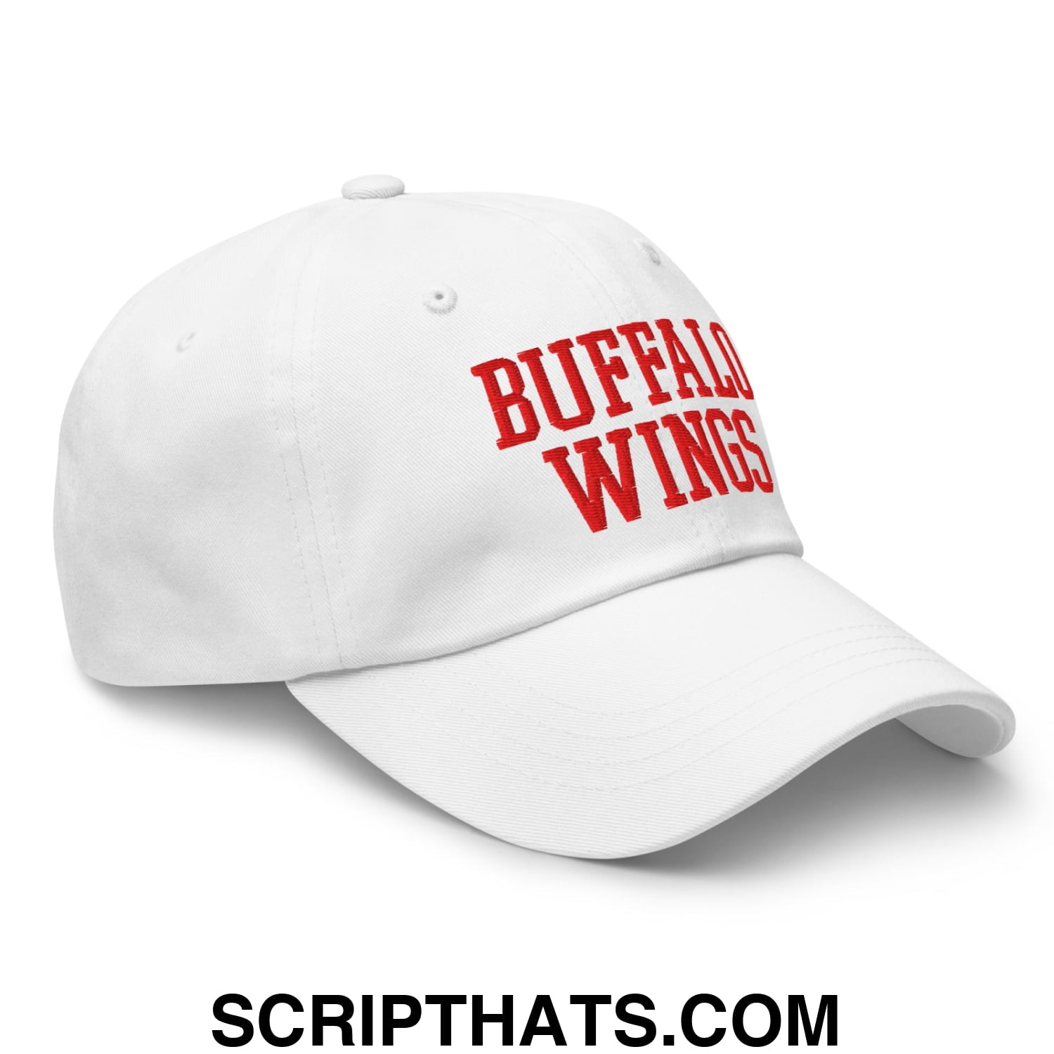 White unstructured dad hat with red embroidered buffalo wings text perfect for chicken wings fans
