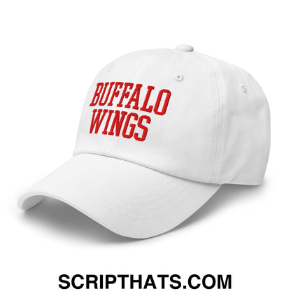 White unstructured dad hat with red embroidered buffalo wings text perfect for casual wear and chicken wing fans