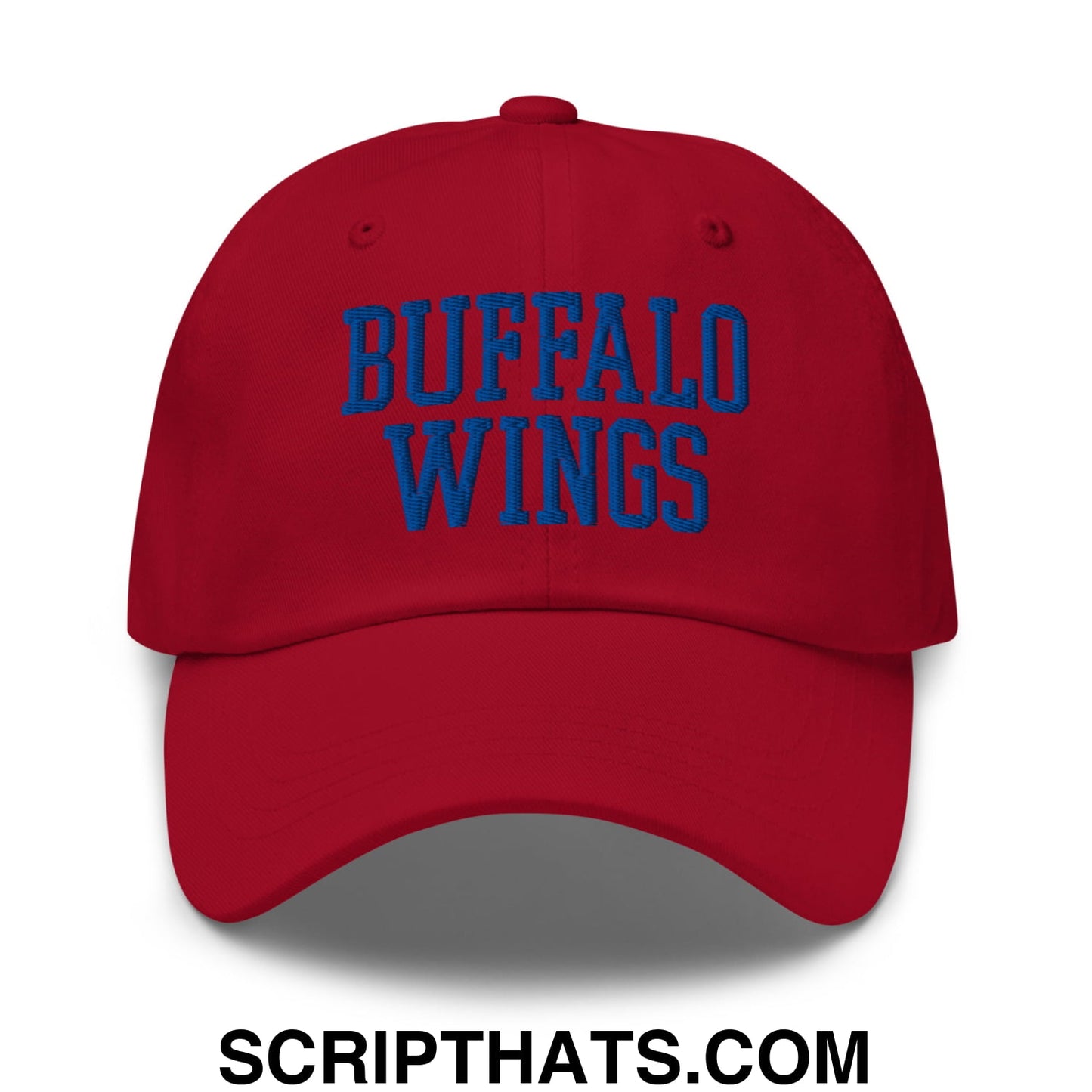 A red unstructured dad hat with blue embroidered buffalo wings lettering perfect for casual wear