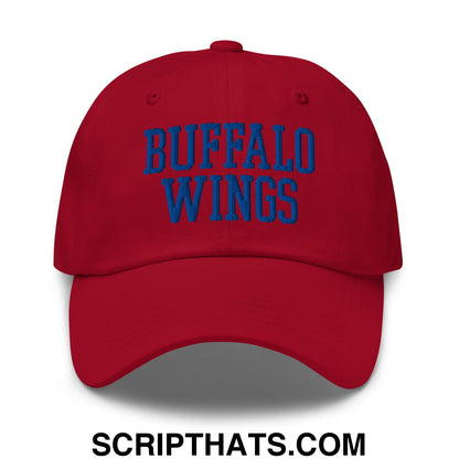 A red unstructured dad hat with blue embroidered buffalo wings lettering perfect for casual wear
