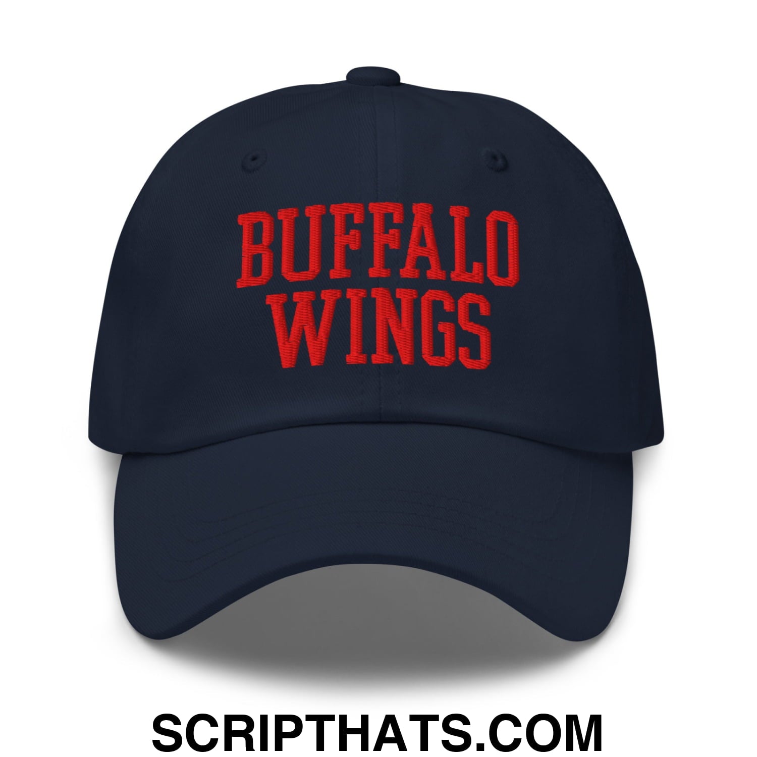 Navy blue embroidered dad hat with bold red buffalo wings text front for casual wear and chicken wings fans