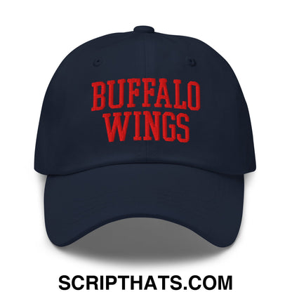Navy blue embroidered dad hat with bold red buffalo wings text front for casual wear and chicken wings fans