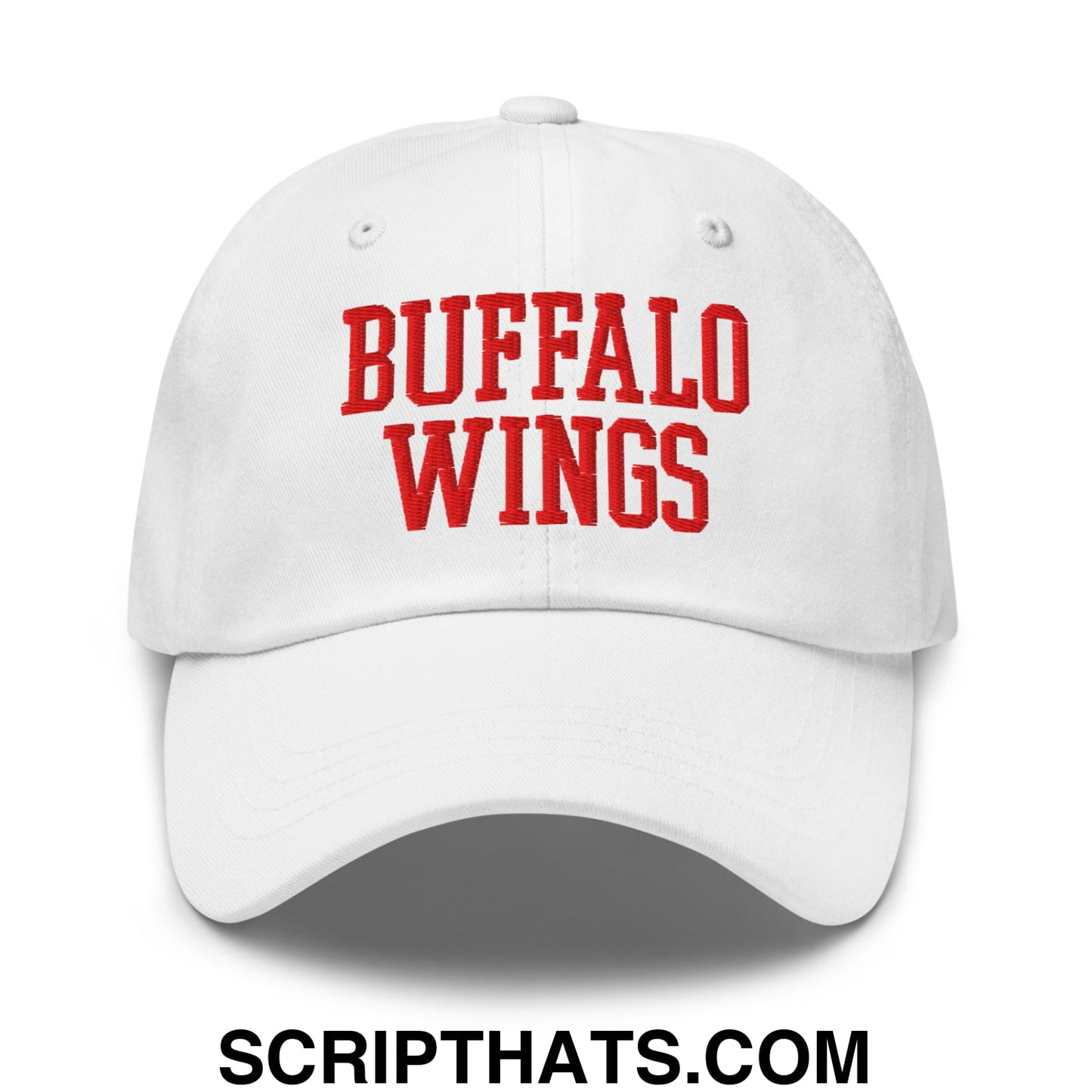 White unstructured dad hat with red embroidered buffalo wings text for casual wear