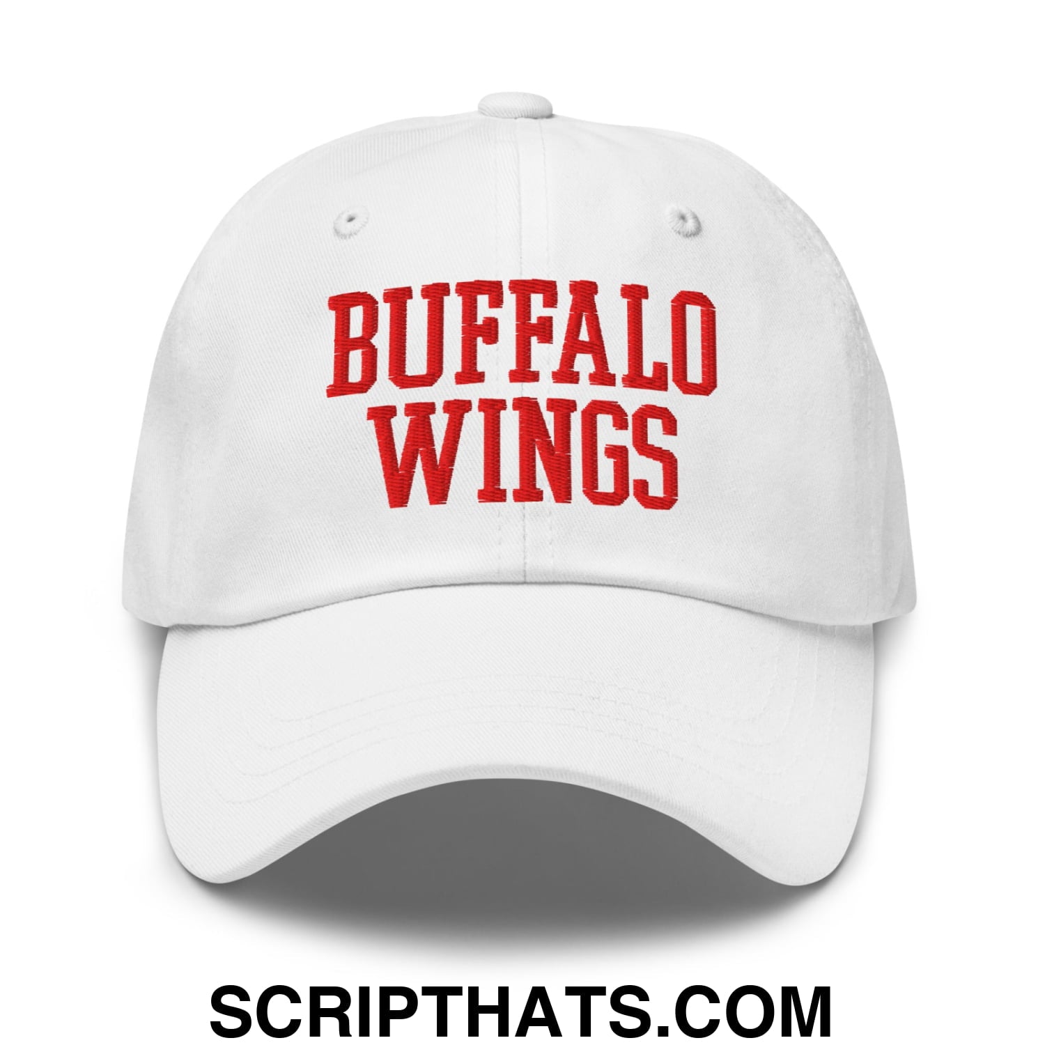 White unstructured dad hat with red embroidered buffalo wings text for casual wear