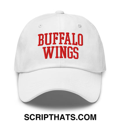 White unstructured dad hat with red embroidered buffalo wings text for casual wear