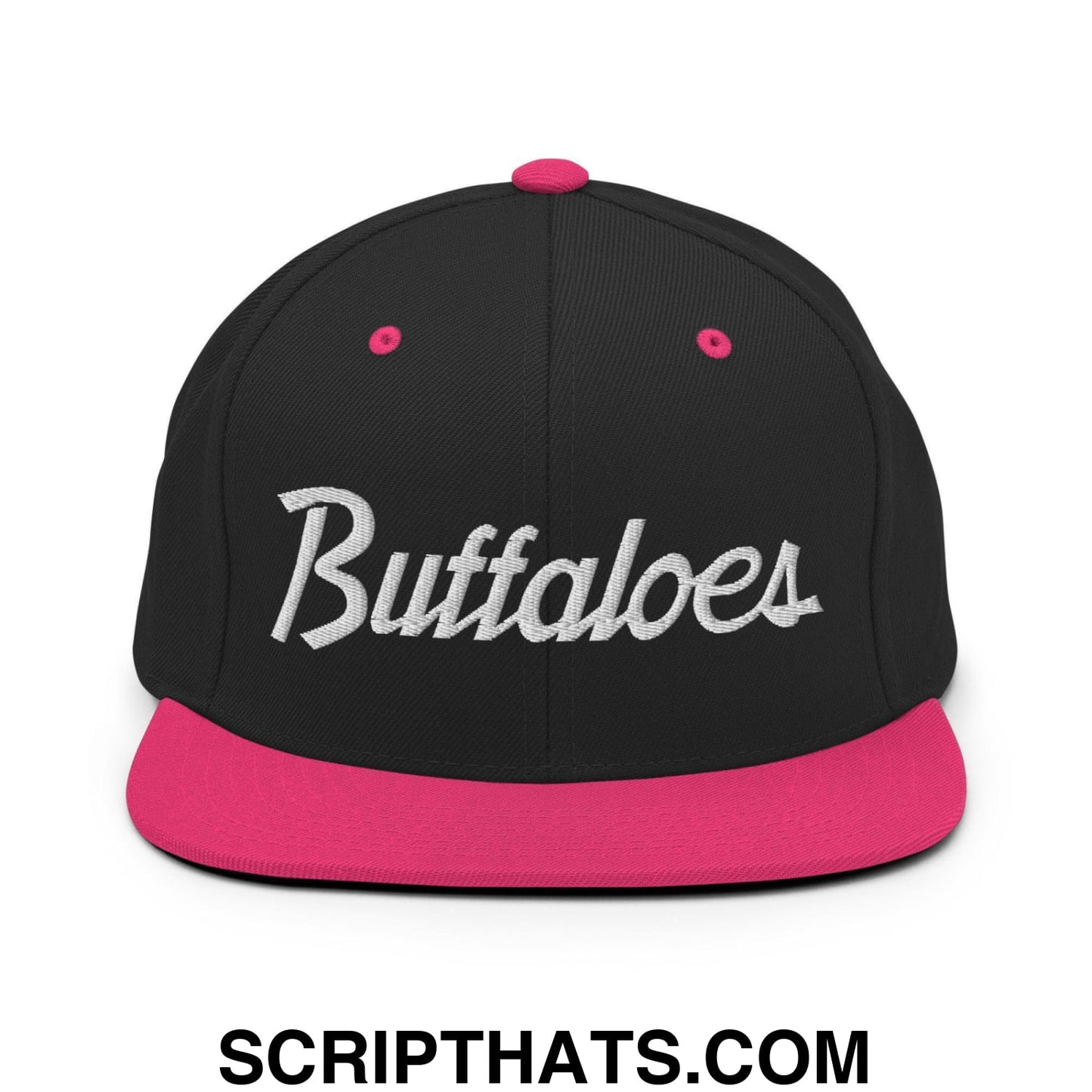 Buffaloes School Mascot Script Snapback Hat Black Neon Pink