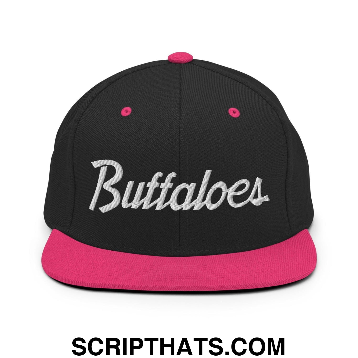 Buffaloes School Mascot Script Snapback Hat Black Neon Pink