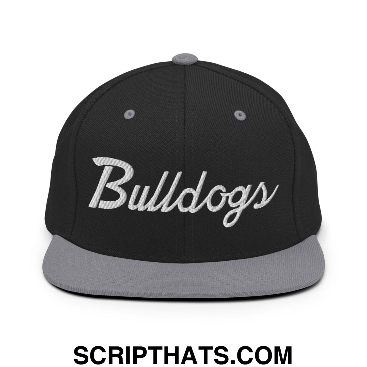 Bulldogs School Mascot Script Snapback Hat Black Silver