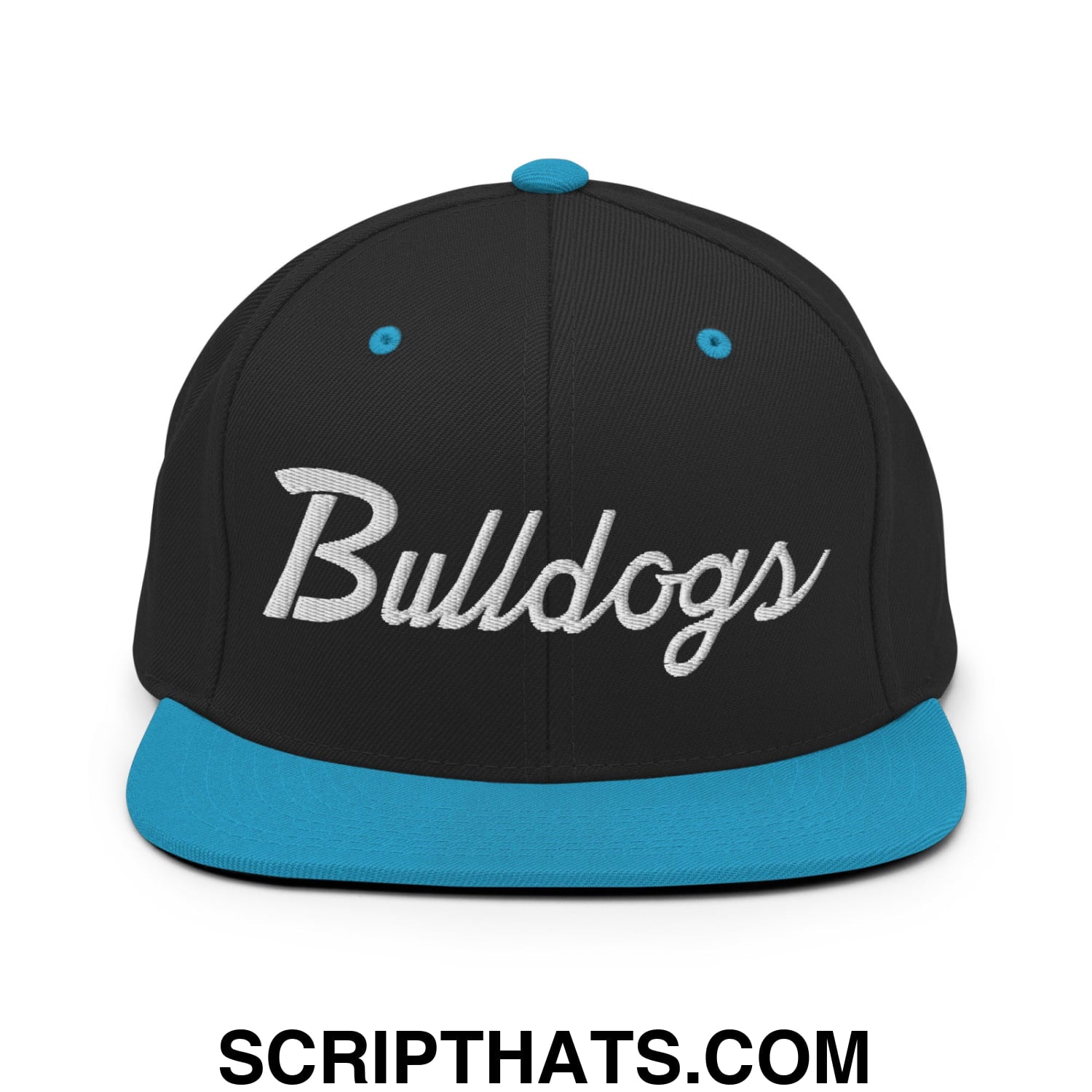 Bulldogs School Mascot Script Snapback Hat Black Teal