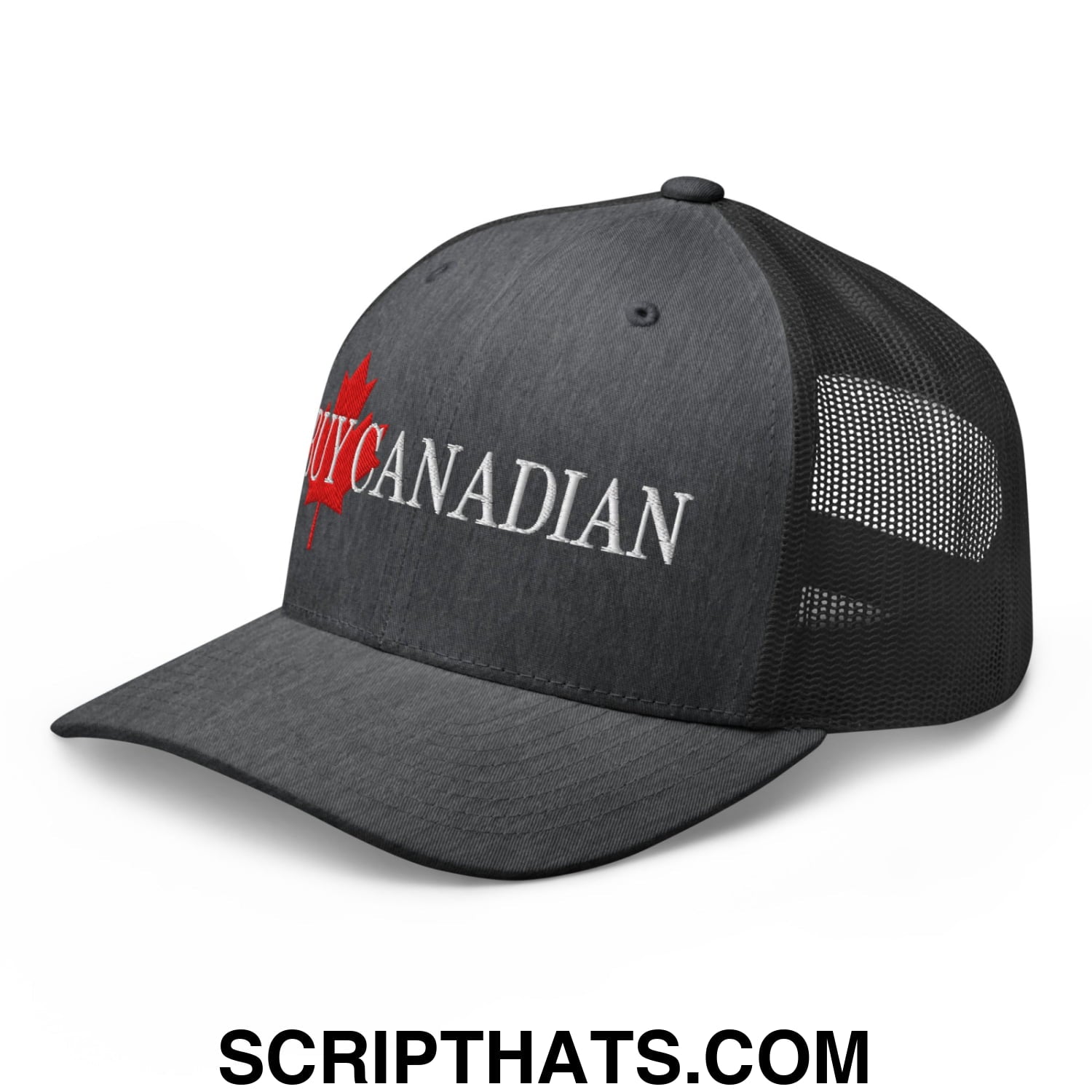 Buy Canadian Maple Leaf Embroidered Mesh Trucker Hat Dark Heather Gray