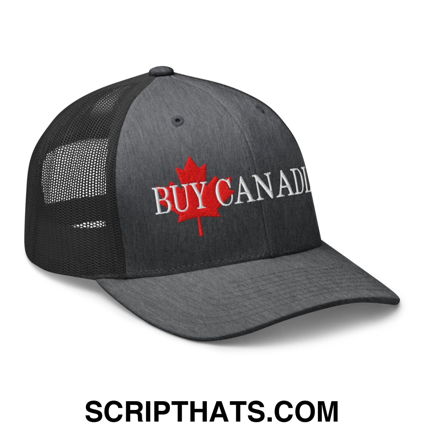 Buy Canadian Maple Leaf Embroidered Mesh Trucker Hat Dark Heather Gray