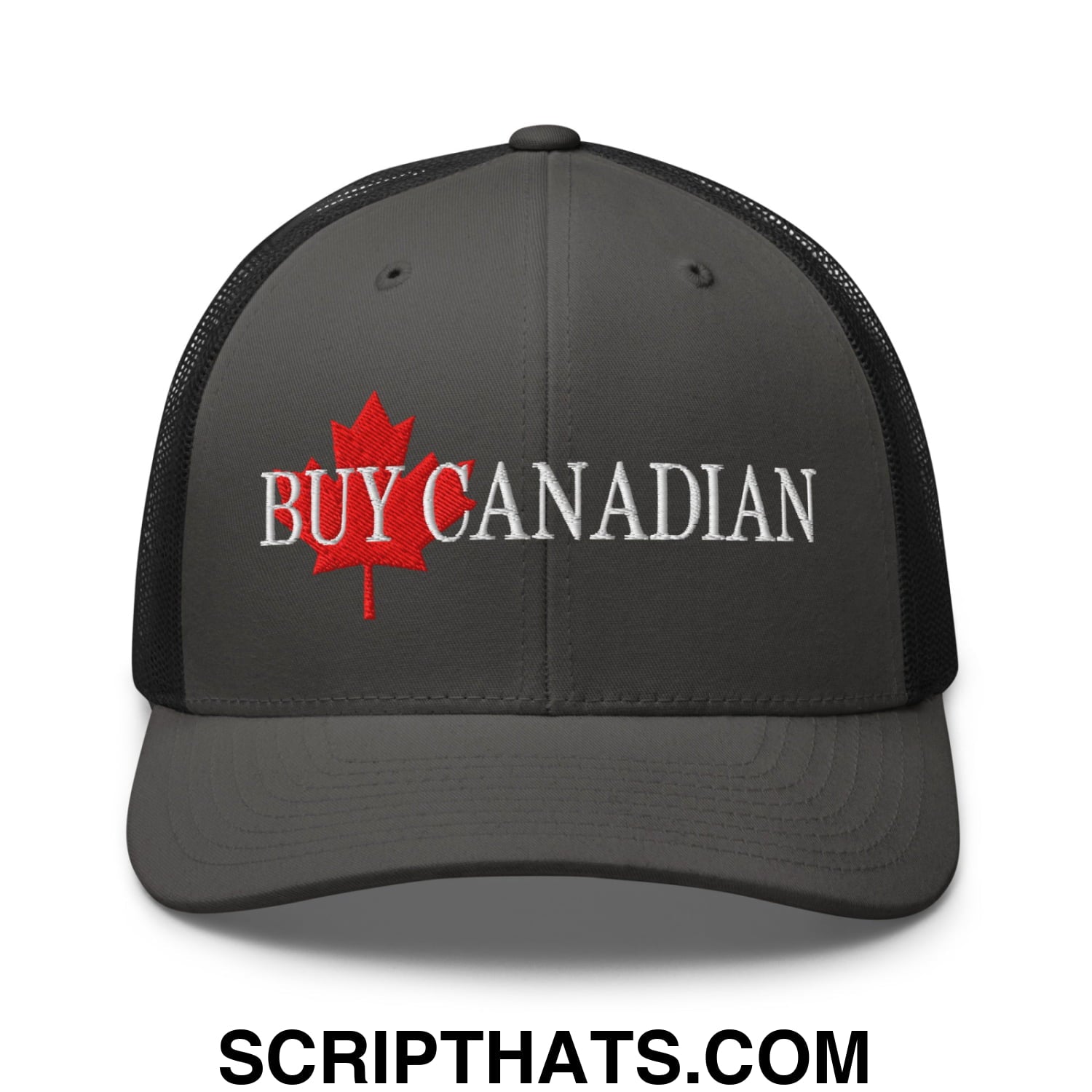 Buy Canadian Maple Leaf Embroidered Mesh Trucker Hat Charcoal Black