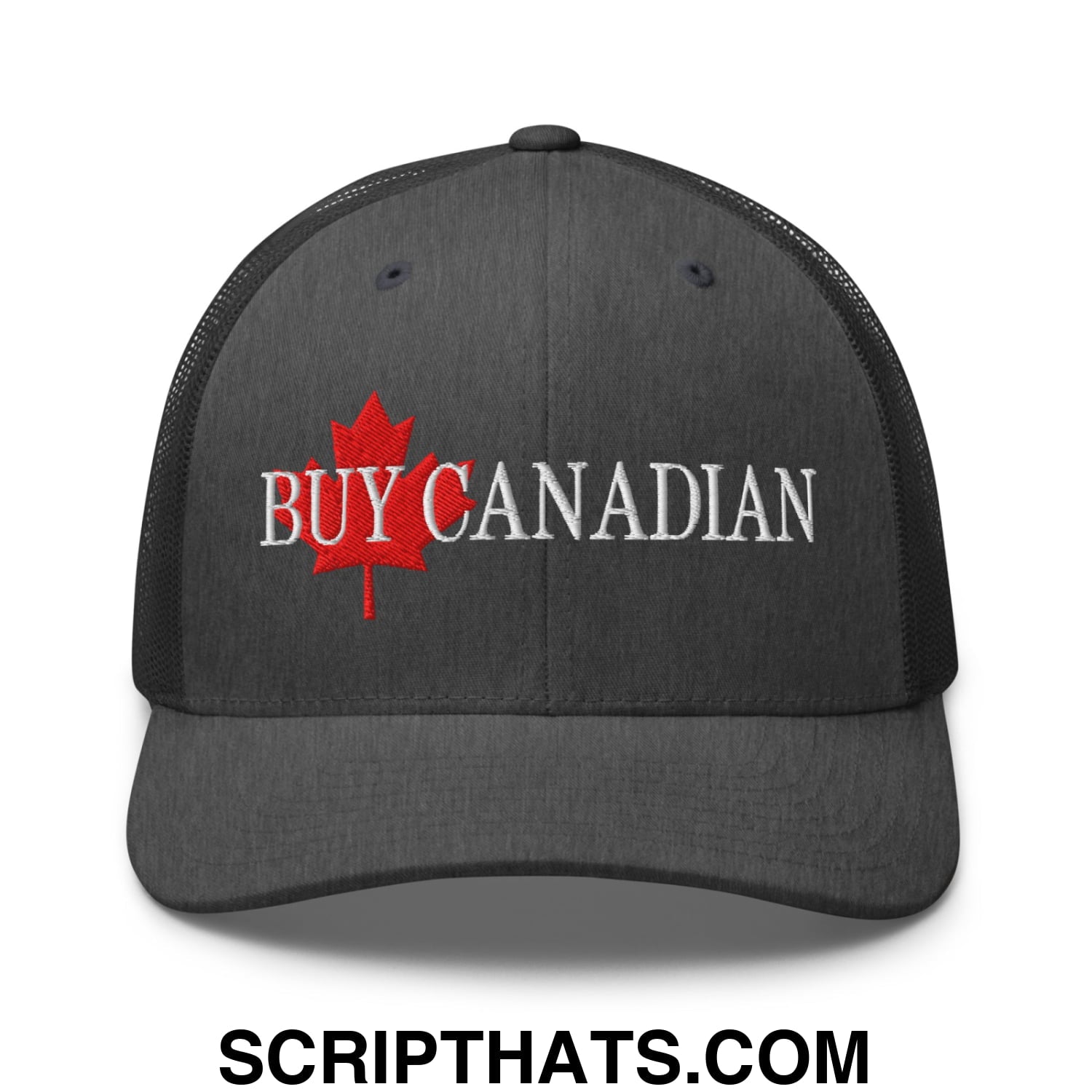 Buy Canadian Maple Leaf Embroidered Mesh Trucker Hat Dark Heather Gray