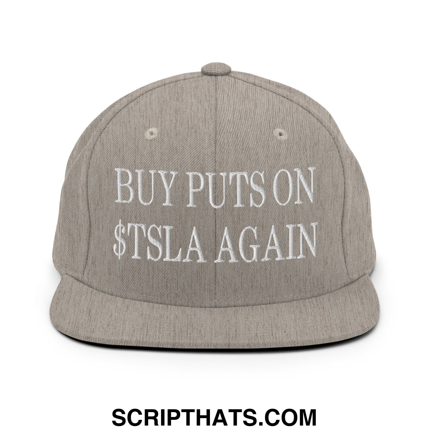 Buy Puts On $TSLA Again Embroidered Flat Bill Brim Snapback Hat Heather Grey