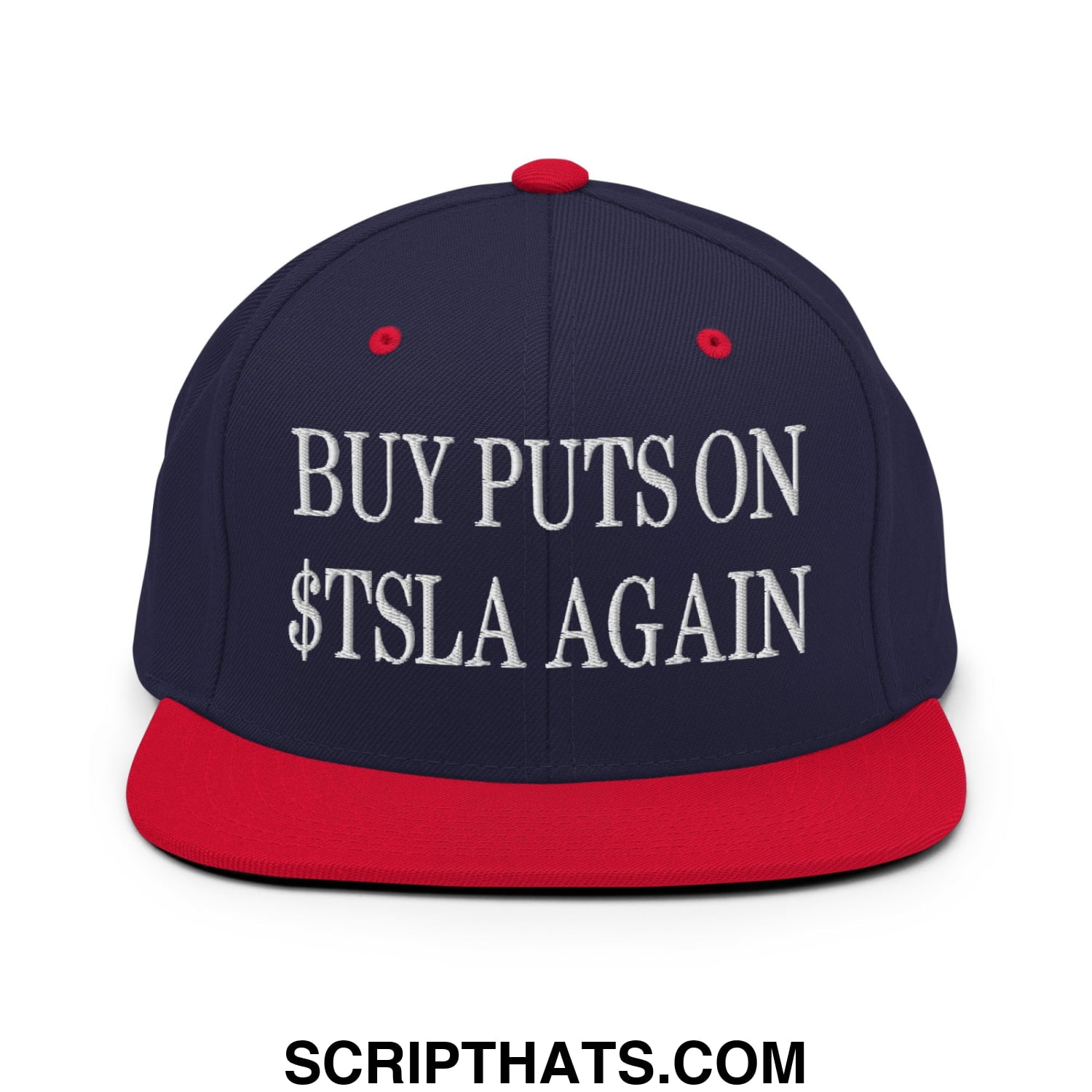 Buy Puts On $TSLA Again Embroidered Flat Bill Brim Snapback Hat Navy Red