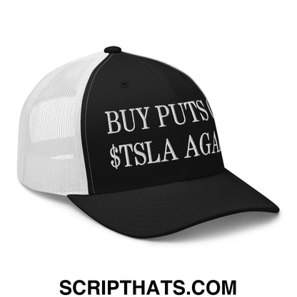 Buy Puts On $TSLA Again Embroidered Mesh Trucker Hat Black White