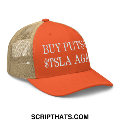 Buy Puts On $TSLA Again Embroidered Mesh Trucker Hat Rustic Orange Khaki