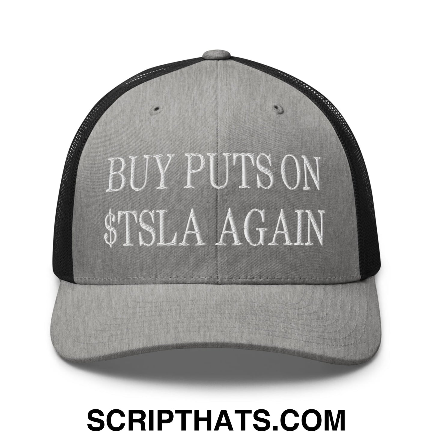 Buy Puts On $TSLA Again Embroidered Mesh Trucker Hat Heather Black