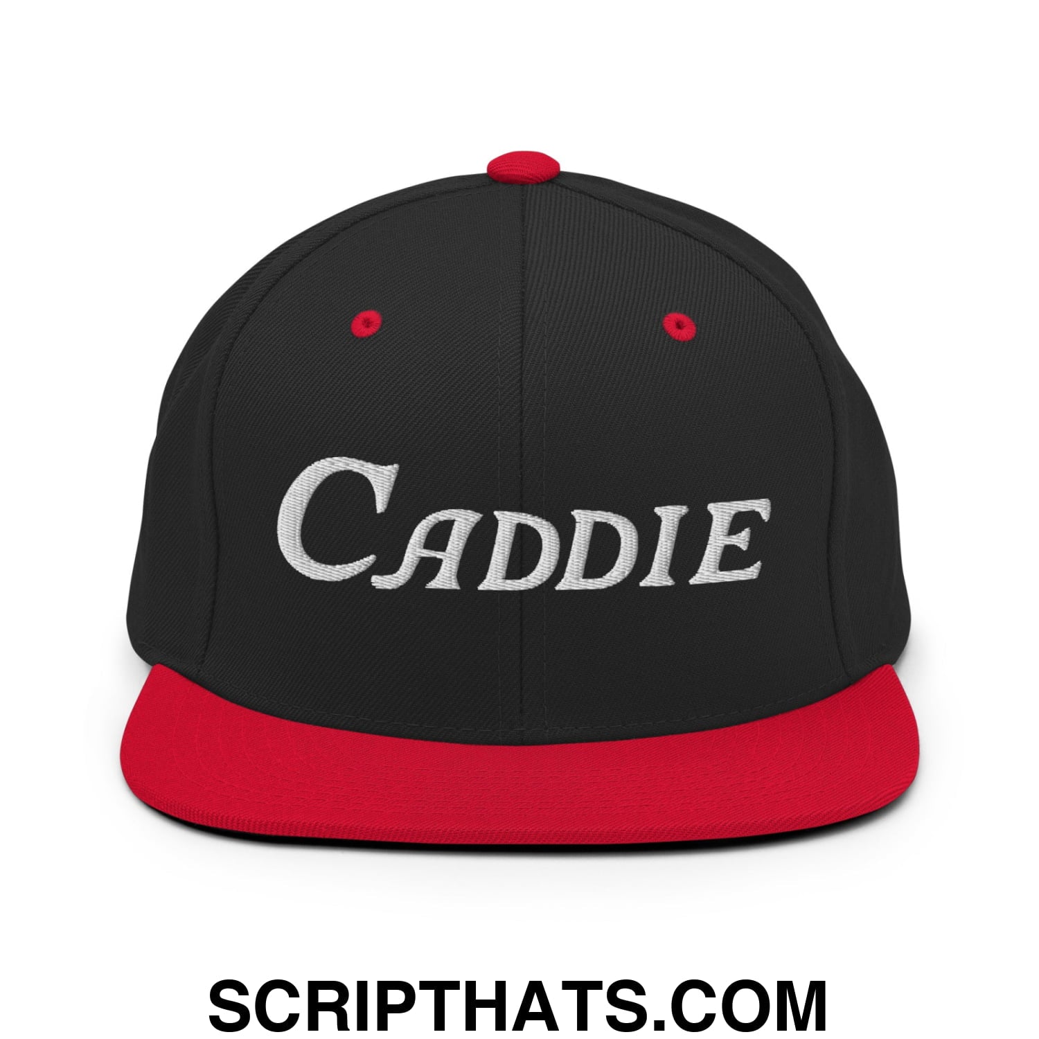 Caddie Embroidered Flat Bill Brim Snapback Hat Black Red