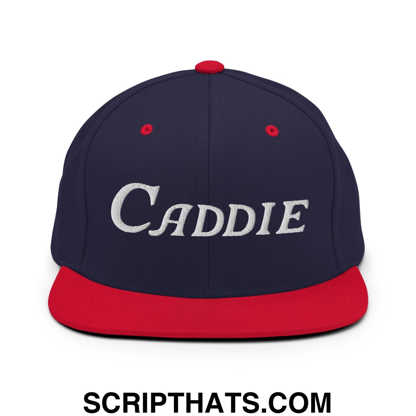 Caddie Embroidered Flat Bill Brim Snapback Hat Navy Red