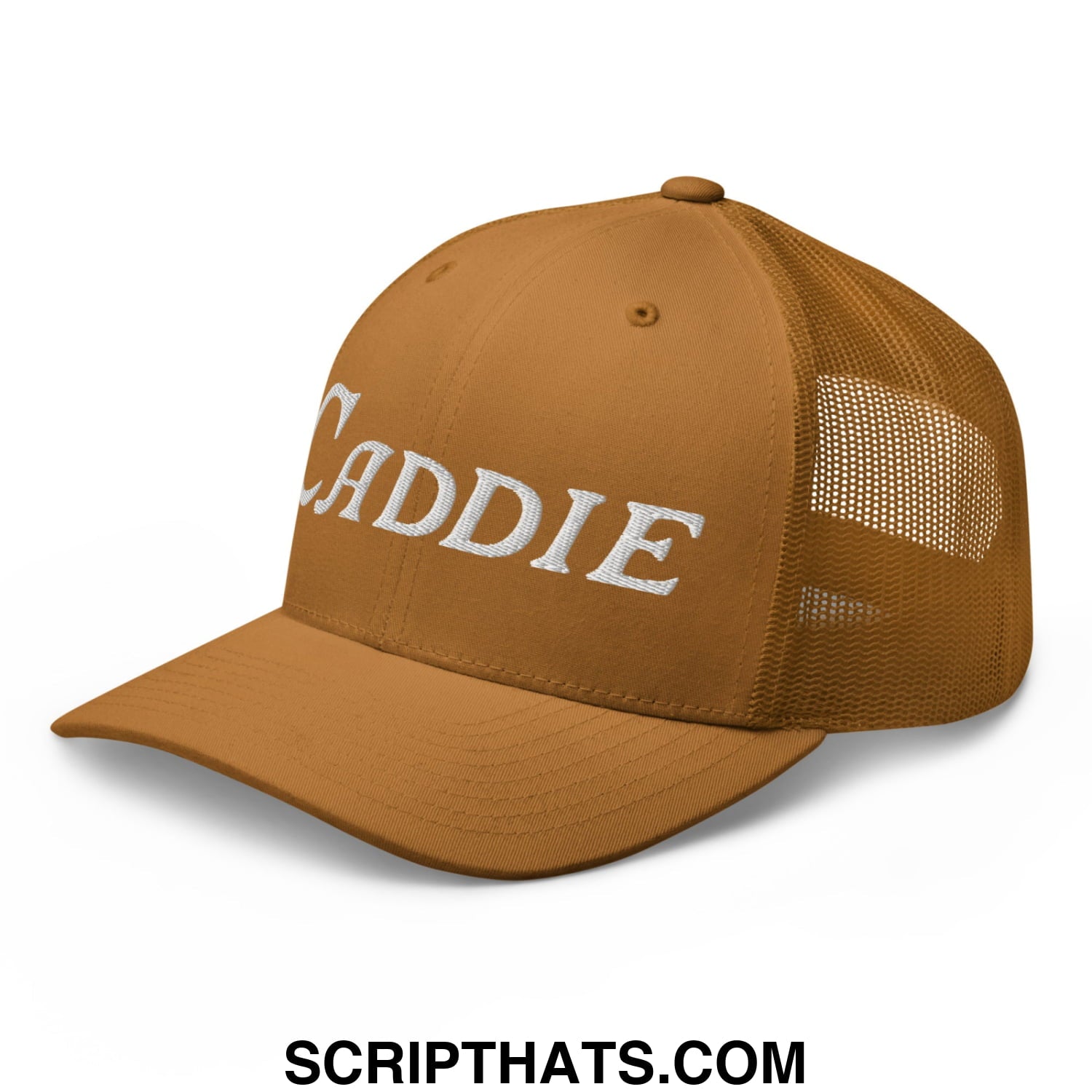 Caddie Embroidered Mesh Trucker Hat Caramel