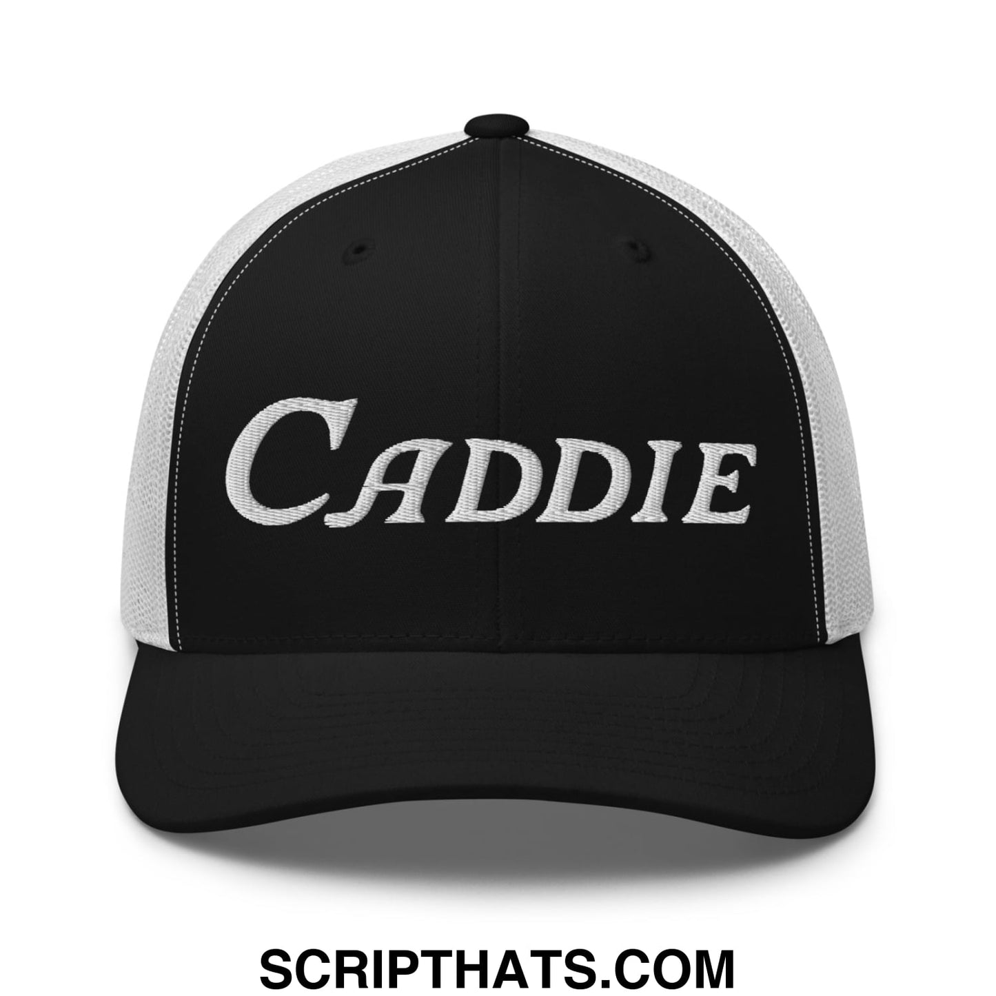 Caddie Embroidered Mesh Trucker Hat Black White