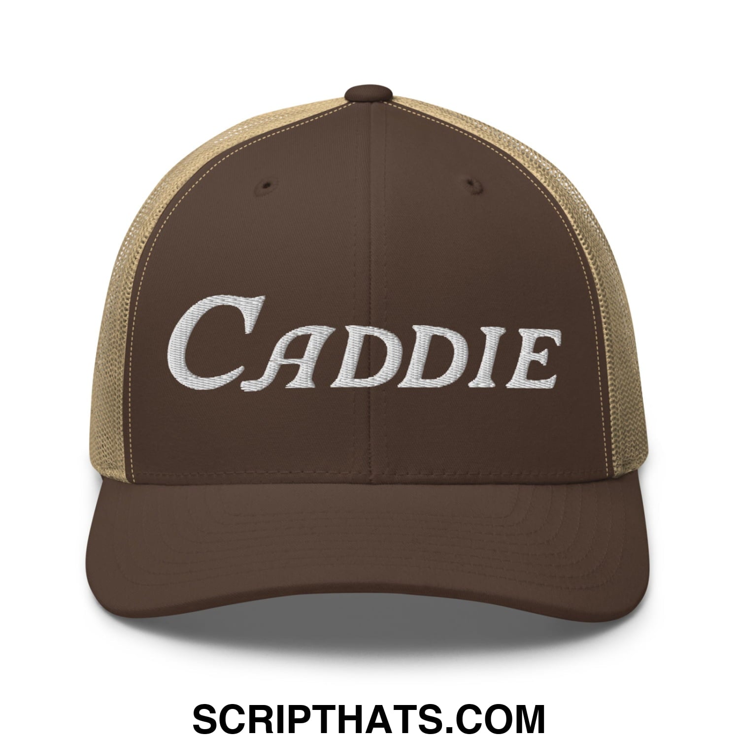 Caddie Embroidered Mesh Trucker Hat Brown Khaki