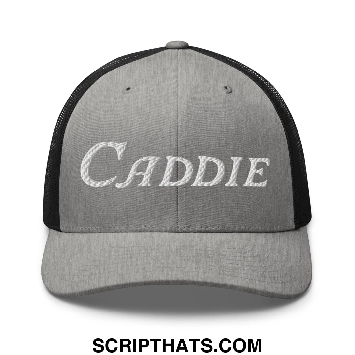 Caddie Embroidered Mesh Trucker Hat Heather Black