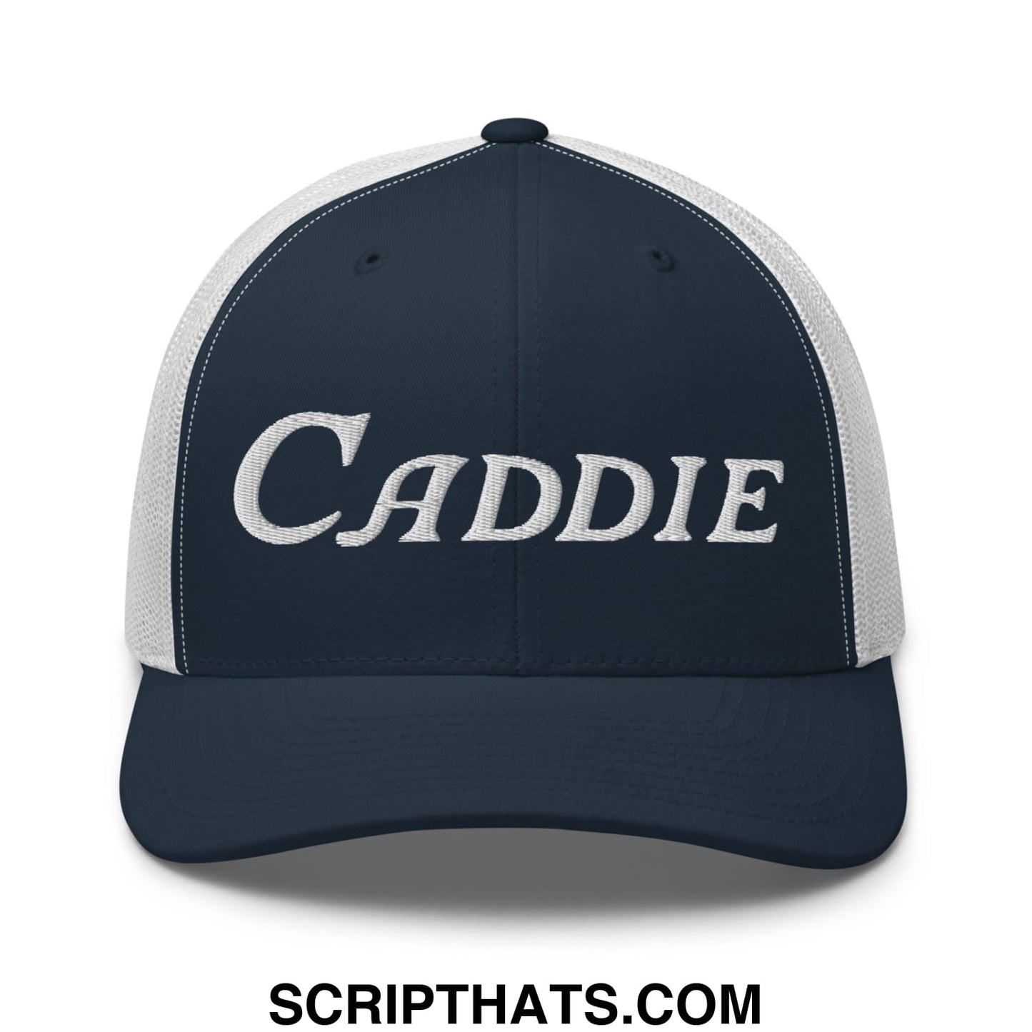 Caddie Embroidered Mesh Trucker Hat Navy White