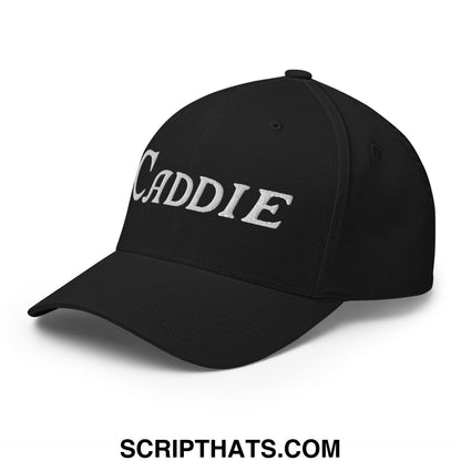 Black stretch fit golf hat with white embroidered caddie script on the front for a comfortable fit and sporty look