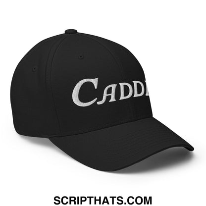 Black caddie embroidered stretch fit golf hat with white script lettering on front panel