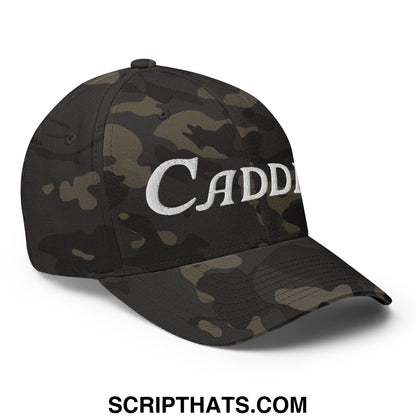 Black and olive camouflage stretch fit golf hat with white embroidered cadd lettering for outdoor sports use