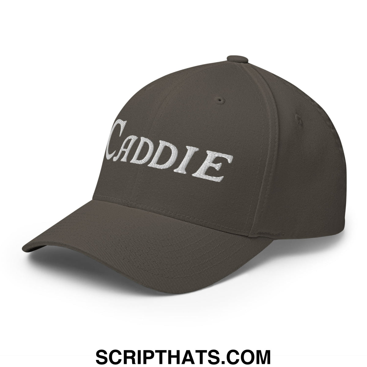 Dark olive green stretch fit golf hat with caddie embroidered in white script across the front
