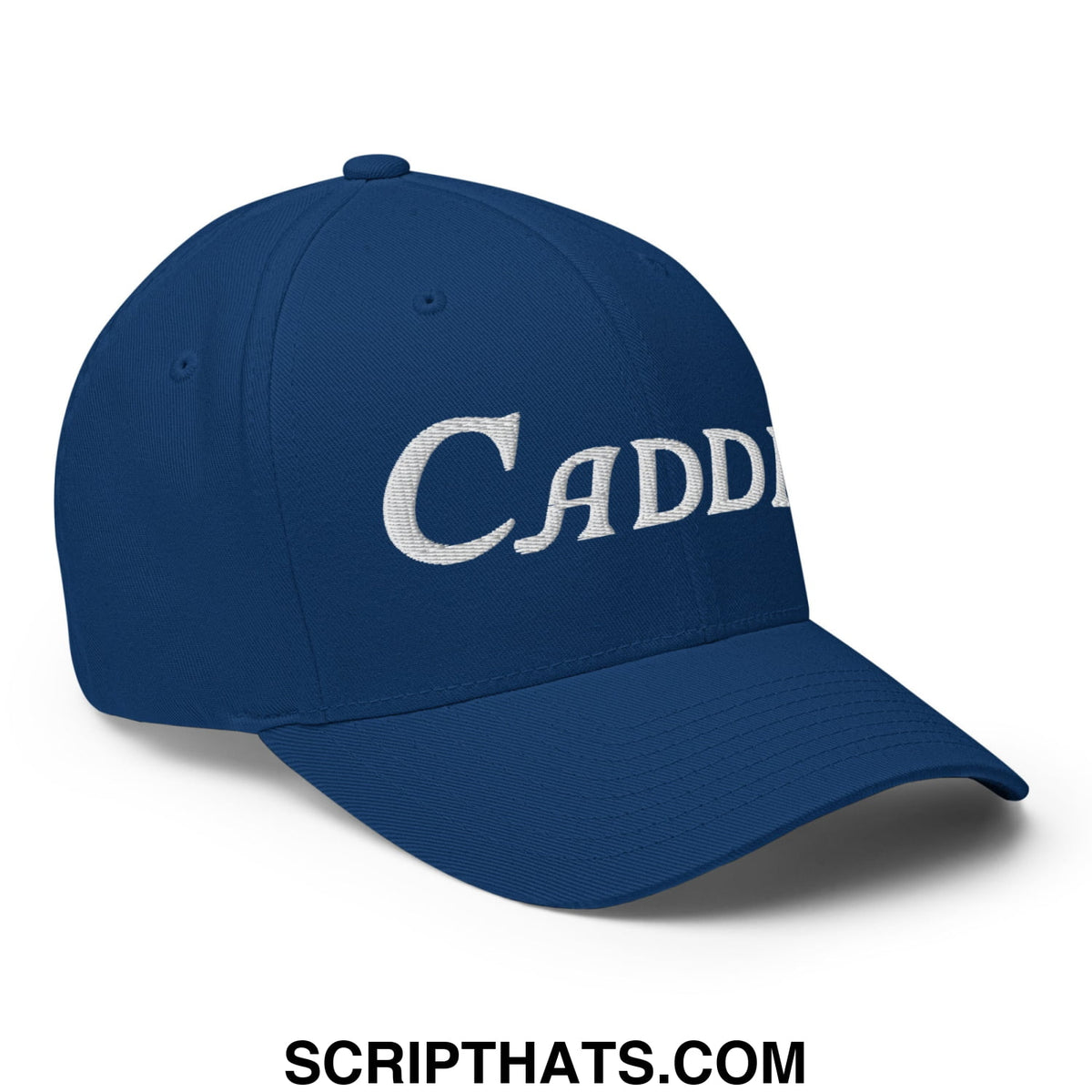 A navy blue stretch fit golf hat with white embroidered caddy lettering suitable for outdoor sports