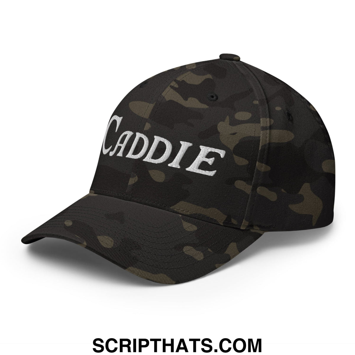 Black and olive camouflage stretch fit golf hat with white embroidered caddie lettering