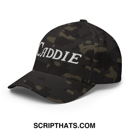 Black and olive camouflage stretch fit golf hat with white embroidered caddie lettering