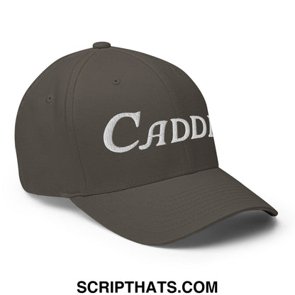 Dark gray stretch fit golf hat with white embroidered cadd lettering for caddie use