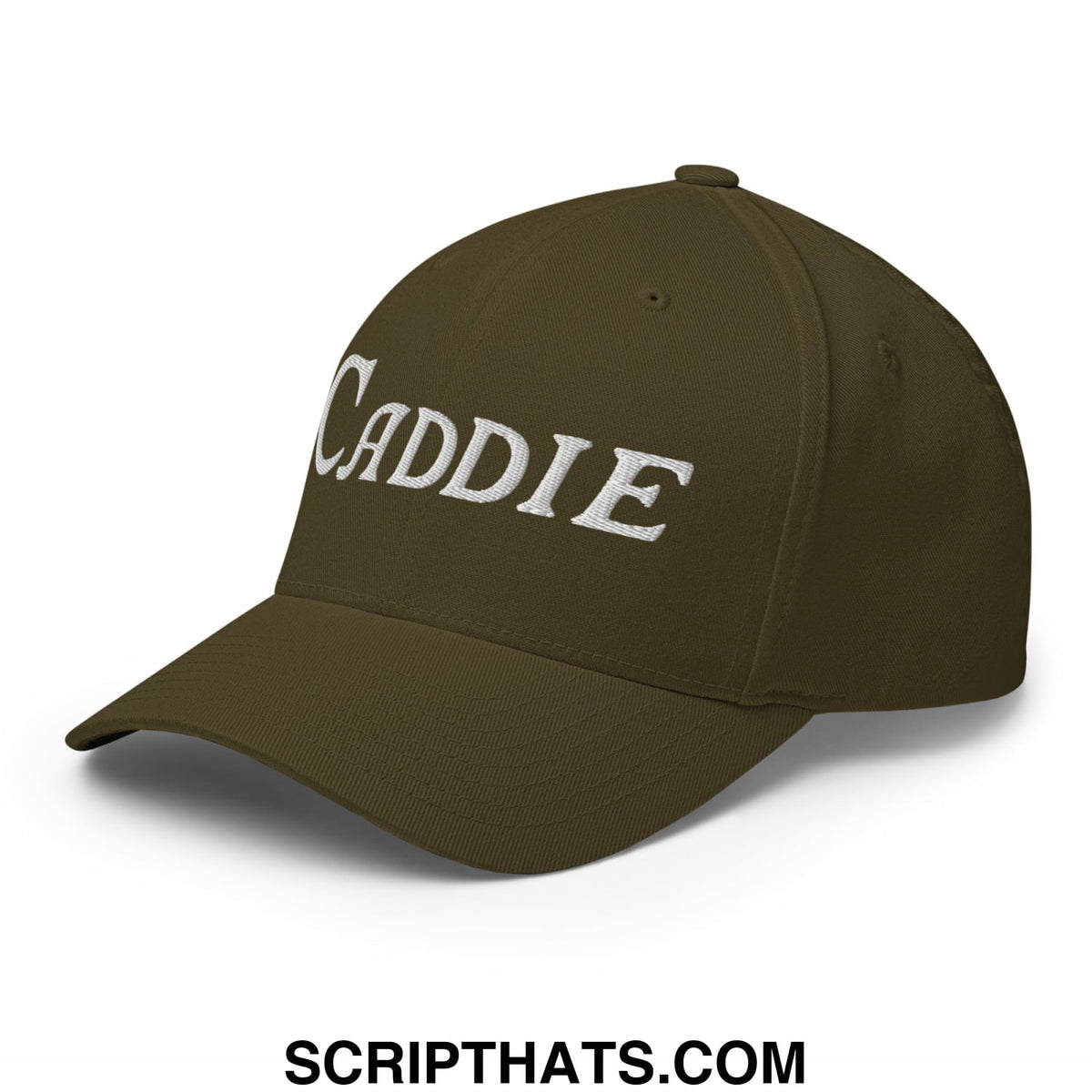 Olive green stretch fit golf hat with white embroidered caddie lettering designed for comfortable wear