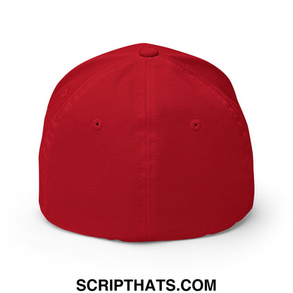 Red caddie embroidered stretch fit golf hat with structured six-panel design and visible stitching