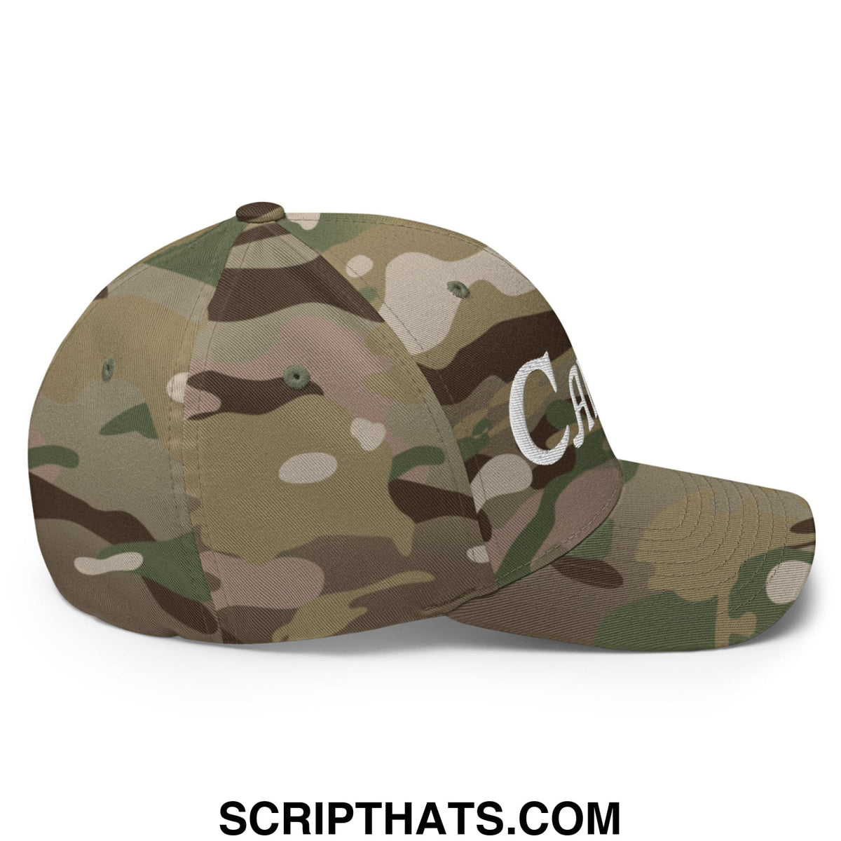 Caddie embroidered stretch fit golf hat in camouflage pattern with white embroidered logo on the front