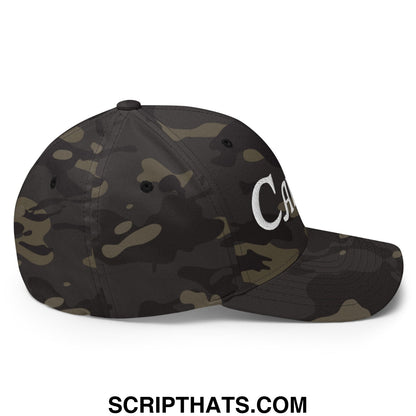 A dark olive and black camouflage caddie embroidered stretch fit golf hat with a white logo on the side