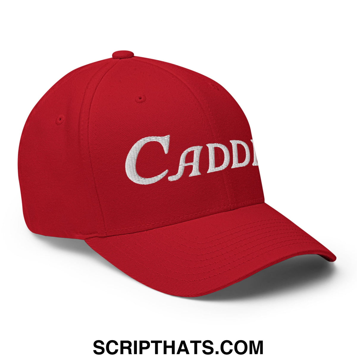 Red stretch fit baseball cap with white embroidered caddie lettering ideal for golf use